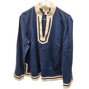 Talbots Linen Blue White Top Womens NEW